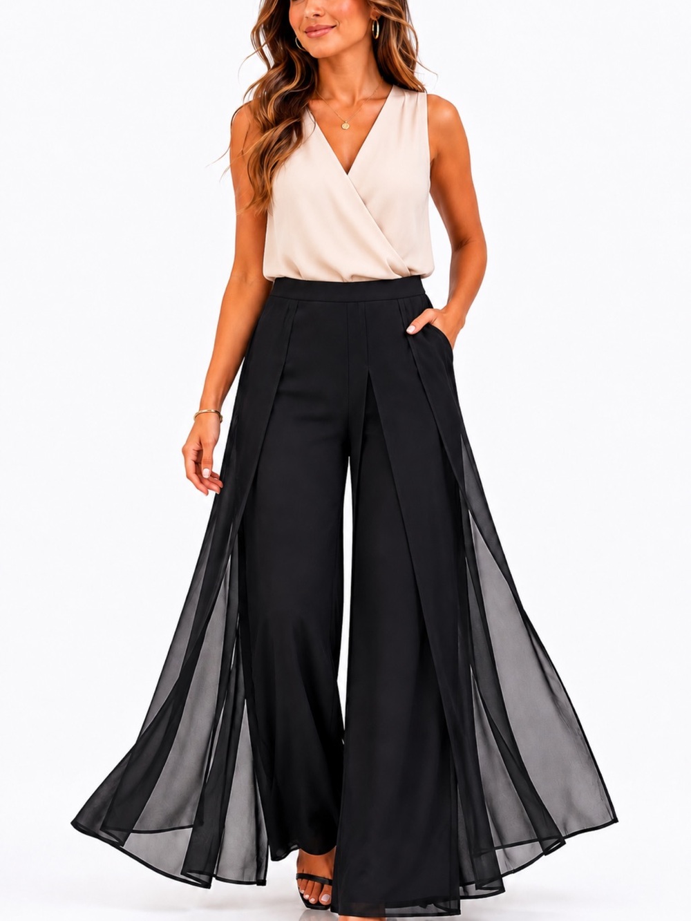 JR Nites by Caliendo Black Chiffon Overlay Palazzo Pants Size